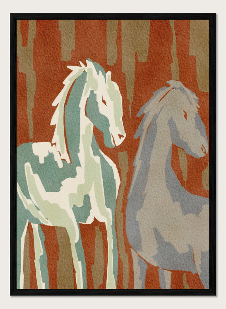 Shop Abstract Forest Horses by Nikita Jariwala, a modern horse wall art print featuring two abstract horses, woodland shapes, and earthy rust, sage, and beige tones.
