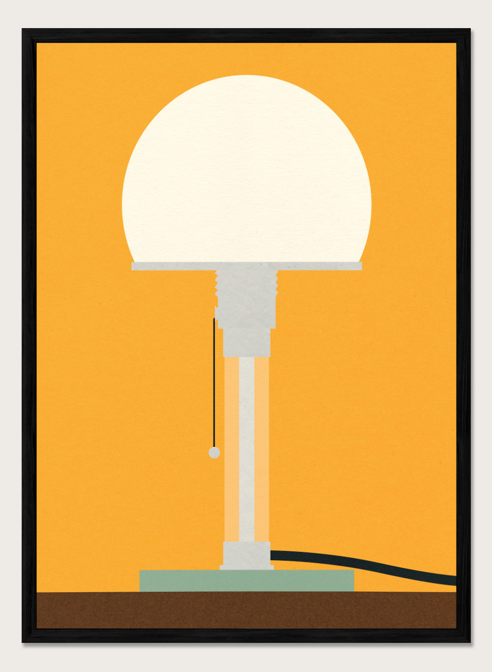 Illustration of a lamp on an orange background. Wagenfeld WG24 Table Lamp by Rosi Feist is a modern minimalist fine art print inspired by Bauhaus design. Officially licensed wall poster with optional artisan framing.