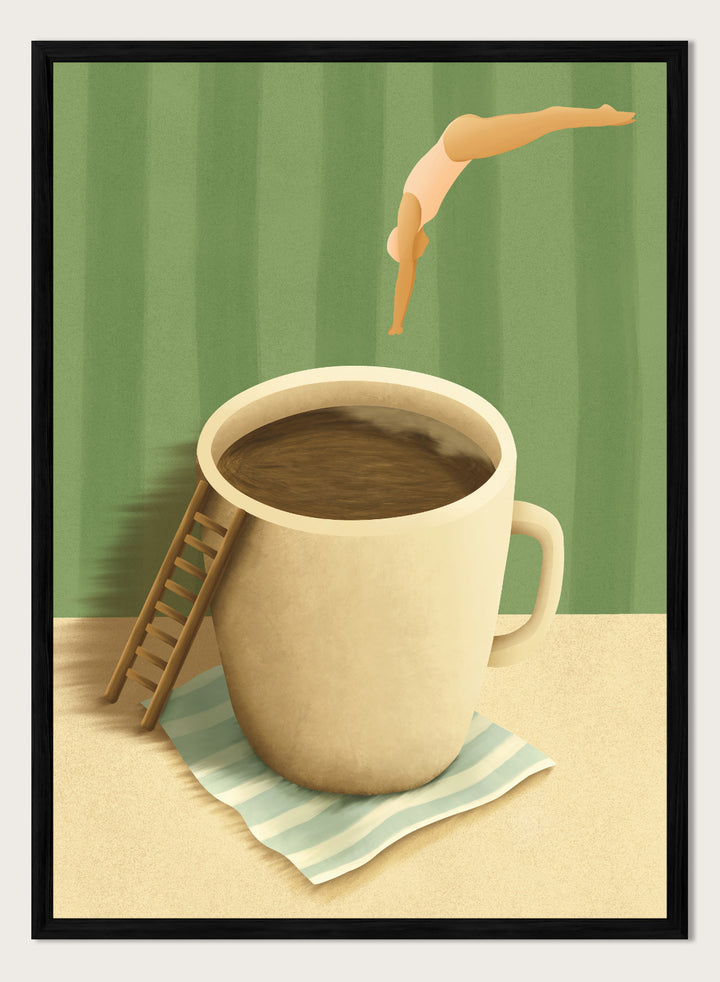 A whimsical illustrated scene showing a large beige mug filled with dark brown coffee on a striped napkin, with a small wooden ladder leaning against the mug and a diver mid-jump above the cup against a green striped background. Morning Coffee Dive by Lisa Solomoniuk premium framed fine art print featuring a tiny diver above an oversized coffee cup with a miniature ladder.