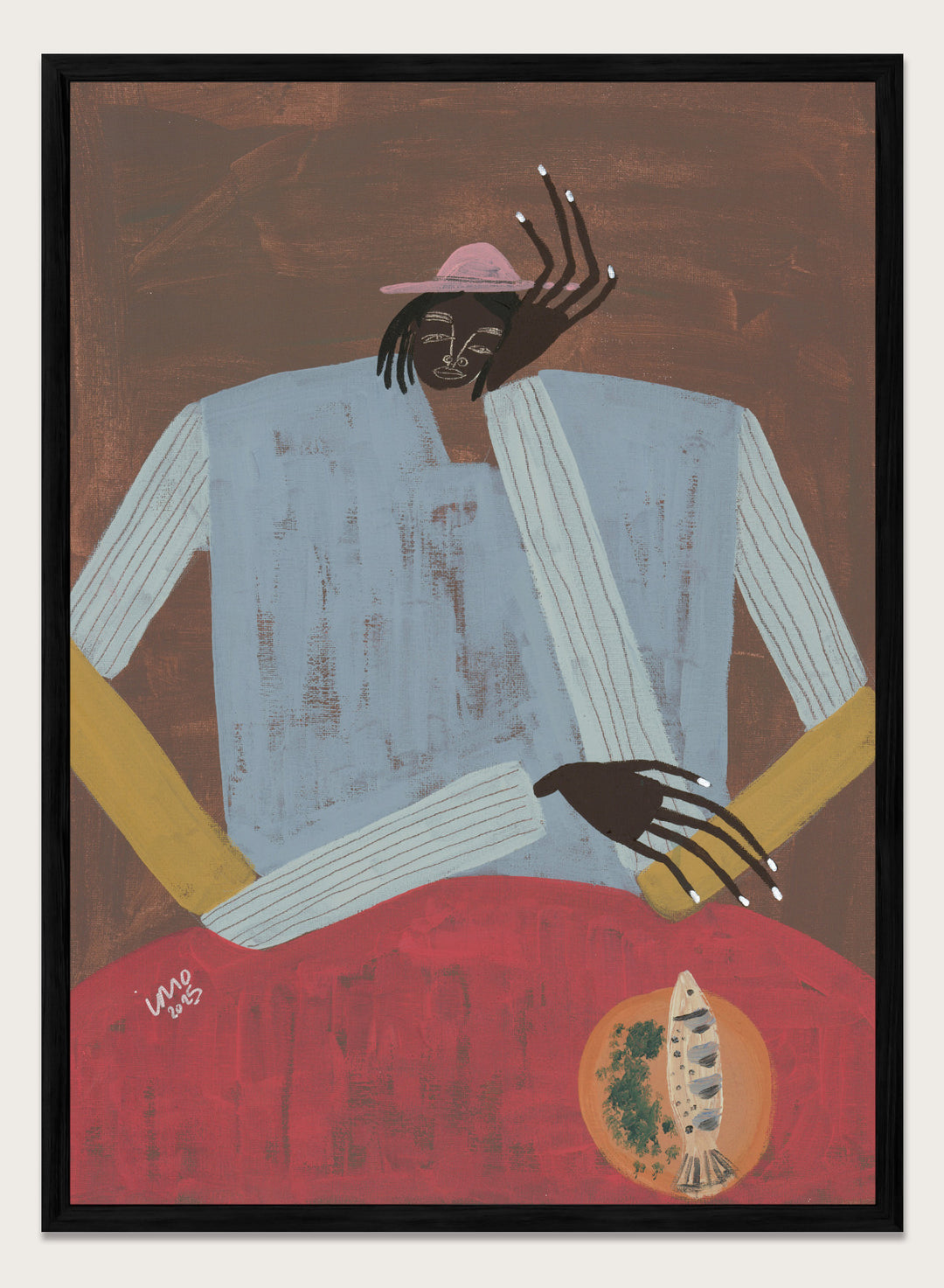 Artistic depiction of a person wearing a hat and sweater with a red background. Clear My Head by Studio IMO (Ibi Meier-Oruitemeka) is a modern figurative art print with a seated figure and contemporary portrait wall poster design.