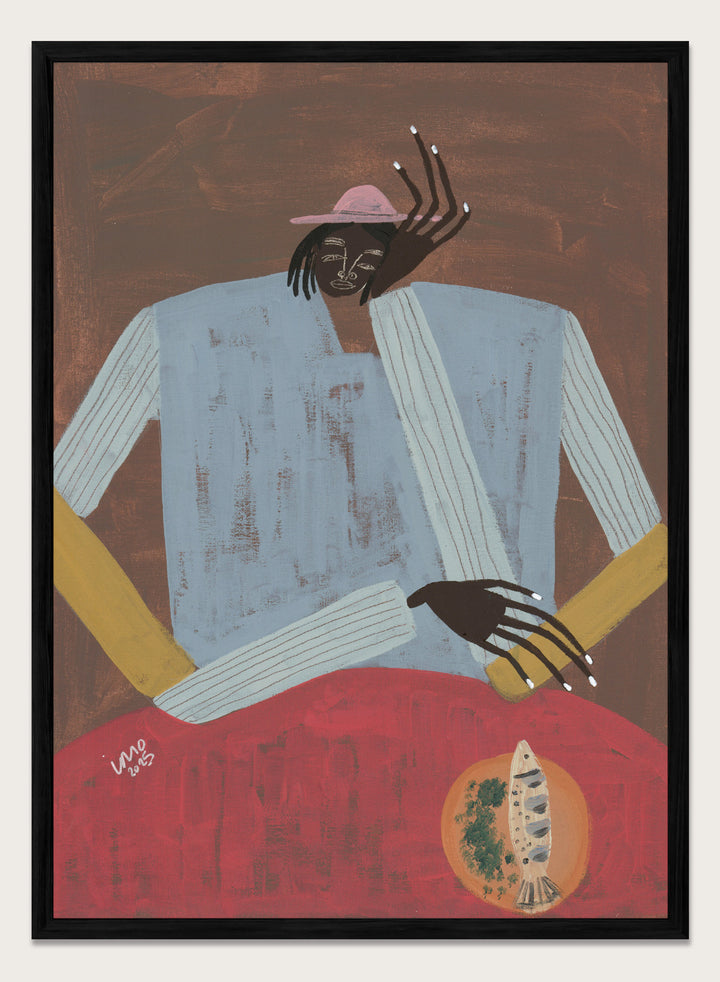 Artistic depiction of a person wearing a hat and sweater with a red background. Clear My Head by Studio IMO (Ibi Meier-Oruitemeka) is a modern figurative art print with a seated figure and contemporary portrait wall poster design.