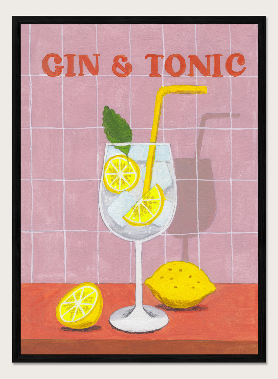 Illustration of a gin and tonic with lemon slices and a straw on a tiled background. Refreshing Gin Tonic by Caroline Bonne Müller is a fine art print and wall poster of a gin and tonic with lemon slices, mint leaf, ice, and pink tile background.