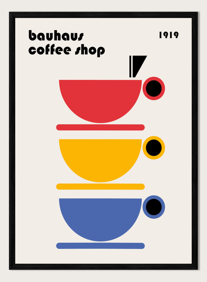 Bauhaus Coffee Cups by Retrodrome kitchen art print featuring stacked red, yellow, and blue coffee cups with bold Bauhaus-inspired design.
