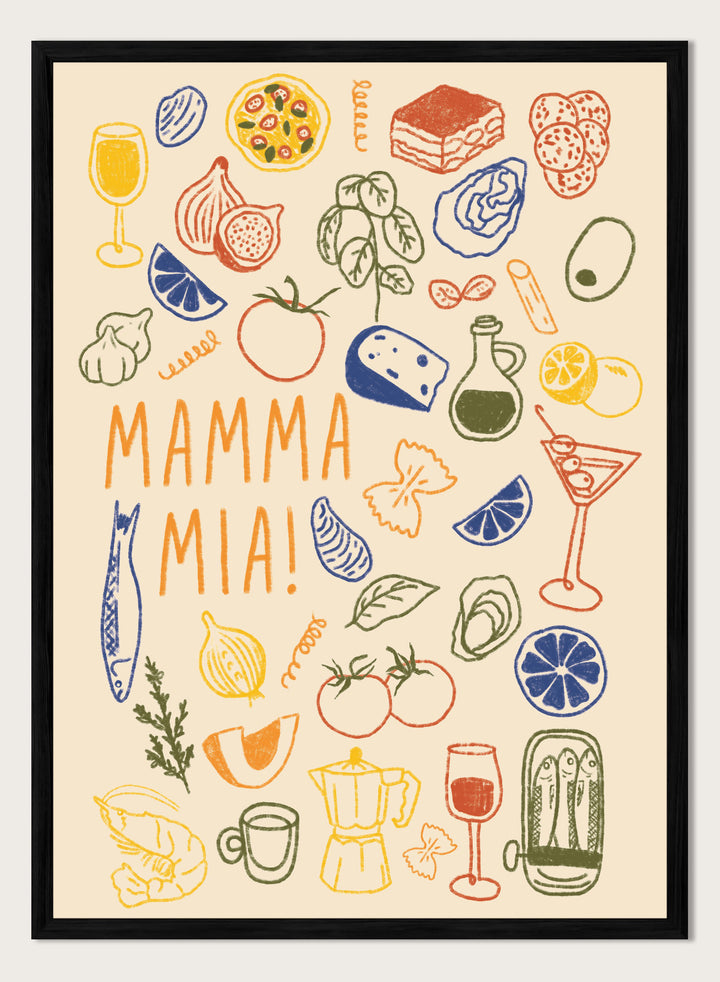 A framed art print featuring a cream-colored background decorated with hand-drawn, colorful Italian-themed illustrations, including pasta, pizza, wine, tomatoes, and a coffee maker, with the text &