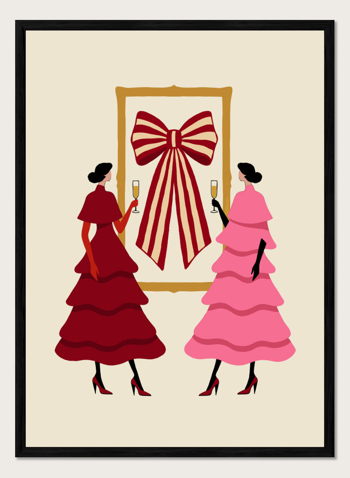 Shop Elegant Bow Celebration by Dominique Vari, a festive fashion wall art print poster featuring two women, champagne glasses, layered dresses, and a bold striped bow.