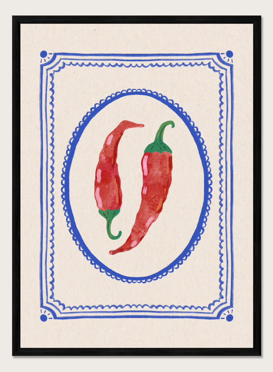Spicy Chili Peppers by Katarzyna Gąsiorowska kitchen art print featuring red chilies in an ornate cobalt frame with vintage Mediterranean style.
