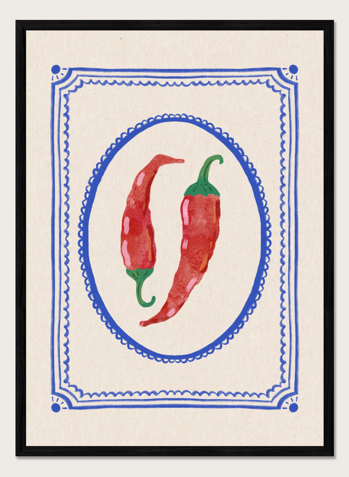 Spicy Chili Peppers by Katarzyna Gąsiorowska kitchen art print featuring red chilies in an ornate cobalt frame with vintage Mediterranean style.