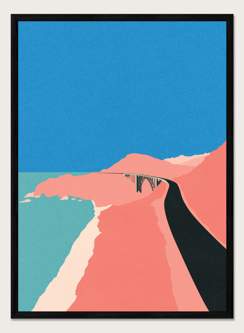 Artistic illustration of a coastal road with cliffs and blue sky. Pacific Coast Highway Big Sur by Rosi Feist is a modern minimalist landscape art print with bold color and Bauhaus-inspired graphic design. Officially licensed fine art poster with framing.