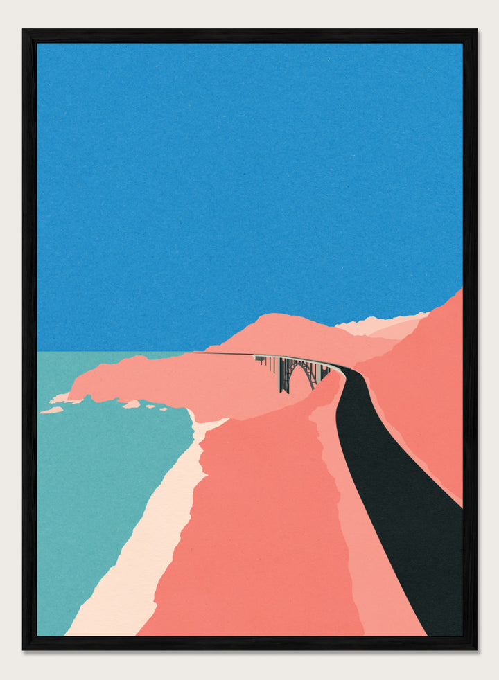 Artistic illustration of a coastal road with cliffs and blue sky. Pacific Coast Highway Big Sur by Rosi Feist is a modern minimalist landscape art print with bold color and Bauhaus-inspired graphic design. Officially licensed fine art poster with framing.