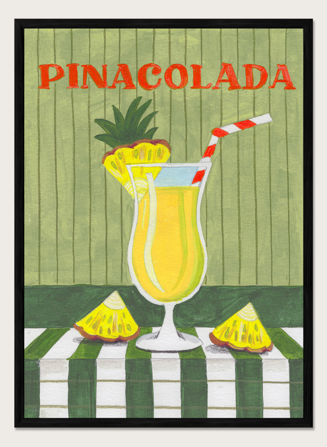 Illustration of a pina colada drink with pineapple slices on a checkered tablecloth. Piña Colada Summer Drink by Caroline Bonne Müller is a fine art print and wall poster of a pineapple cocktail with striped straw and green table setting.