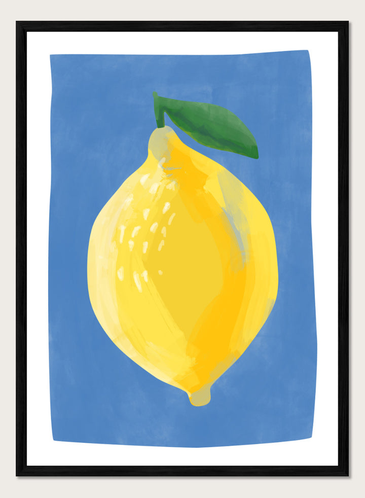 Shop Bright Yellow Lemon by Elena Ristova, a colorful lemon wall art print poster featuring an oversized yellow fruit, green leaf, and vivid blue background.