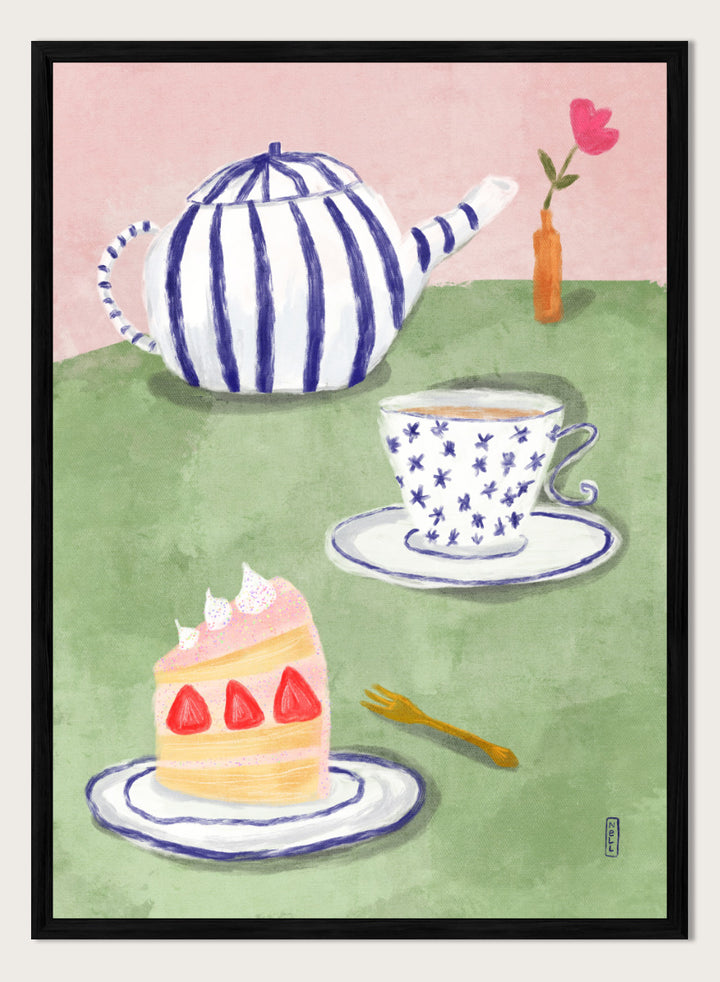 A whimsical watercolor-style illustration of a tea-time scene with a blue-and-white striped teapot, a blue-and-white patterned teacup and saucer, a slice of strawberry cake on a plate, a small gold fork, and a pink background with a vase holding a flower. Shop Strawberry Tea Time by Dirkie Nell, a colorful still life art print featuring strawberry cake, tea, a striped teapot, pink flowers, and retro pastel tones.