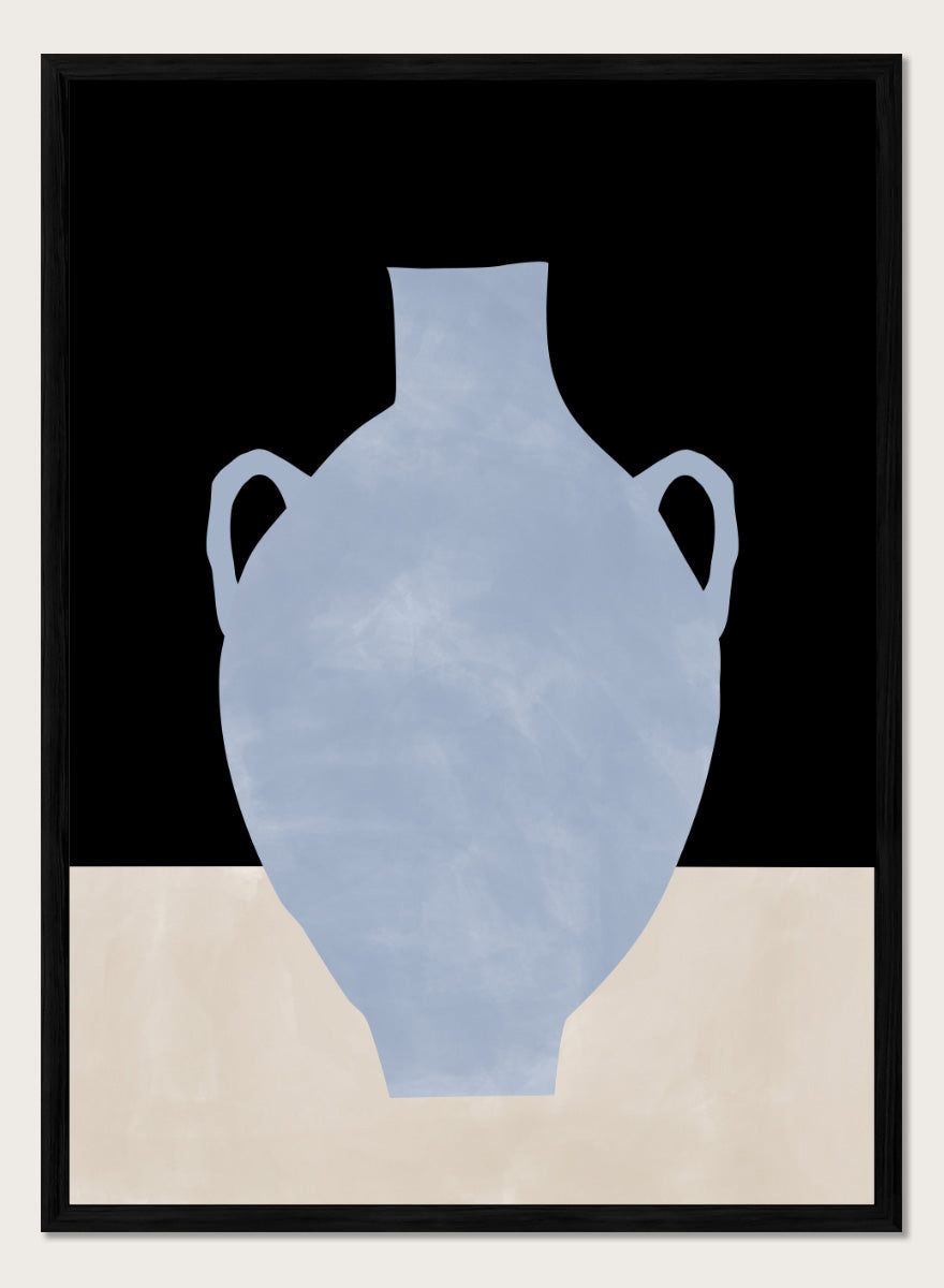 Shop Blue Minimalist Vase by Elena Ristova, a modern still life wall art print poster featuring a pale blue amphora against black and cream blocks.