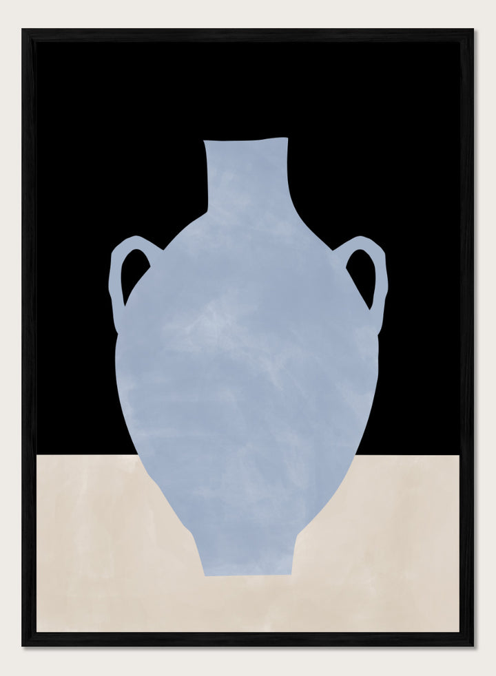 Shop Blue Minimalist Vase by Elena Ristova, a modern still life wall art print poster featuring a pale blue amphora against black and cream blocks.