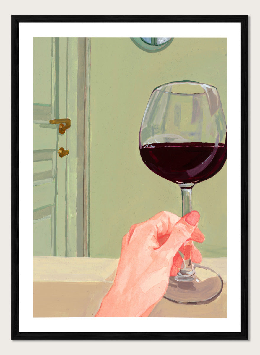 Shop Relaxing Wine Moment by Sophia Novosel, a modern wall art print poster featuring a hand holding red wine in a soft green interior with warm tones.