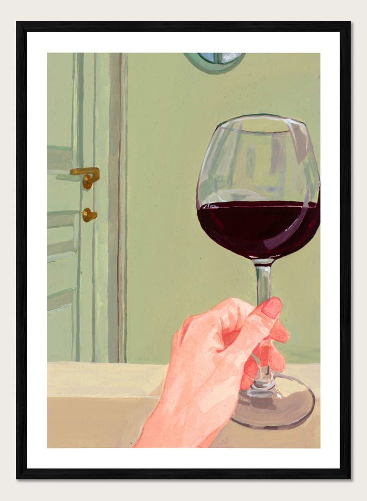 Shop Relaxing Wine Moment by Sophia Novosel, a modern wall art print poster featuring a hand holding red wine in a soft green interior with warm tones.