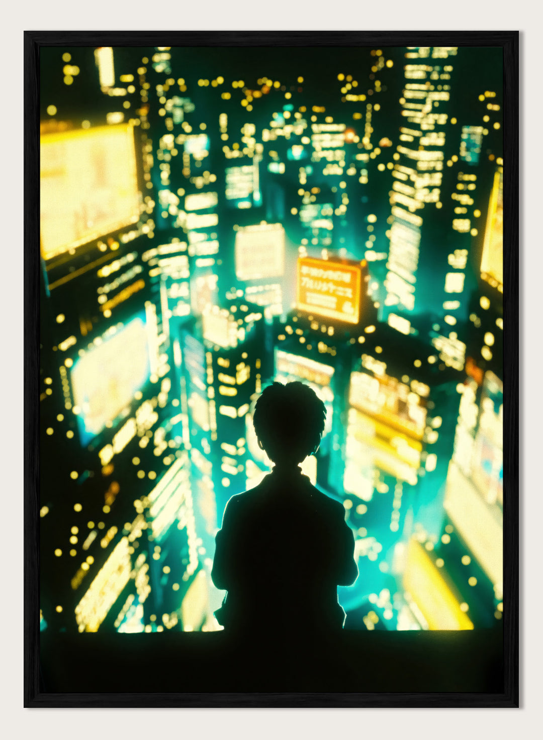 Silhouette of a person against a vibrant cityscape at night. Overlooking Tokyo by Taudalpoi neon cityscape art print with glowing skyscrapers and lone figure, cinematic cyberpunk inspired poster wall art.