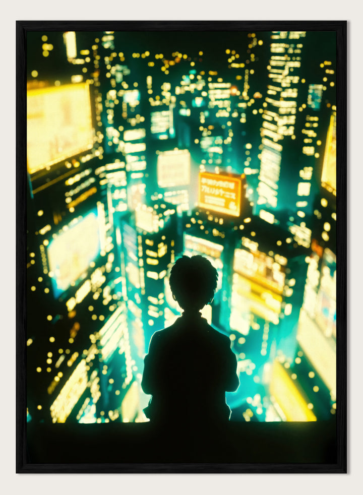 Silhouette of a person against a vibrant cityscape at night. Overlooking Tokyo by Taudalpoi neon cityscape art print with glowing skyscrapers and lone figure, cinematic cyberpunk inspired poster wall art.