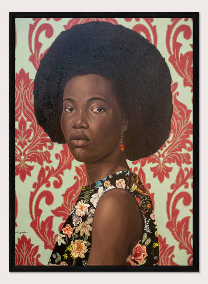 A portrait painting of a woman with a large dark afro hairstyle, wearing a floral-patterned sleeveless top, set against a red and cream damask wallpaper background. Shop Elegant Afro Floral Portrait by Damilare Jamiu, a contemporary portrait art print featuring a woman with afro hair, floral fashion, and rich green and coral tones.