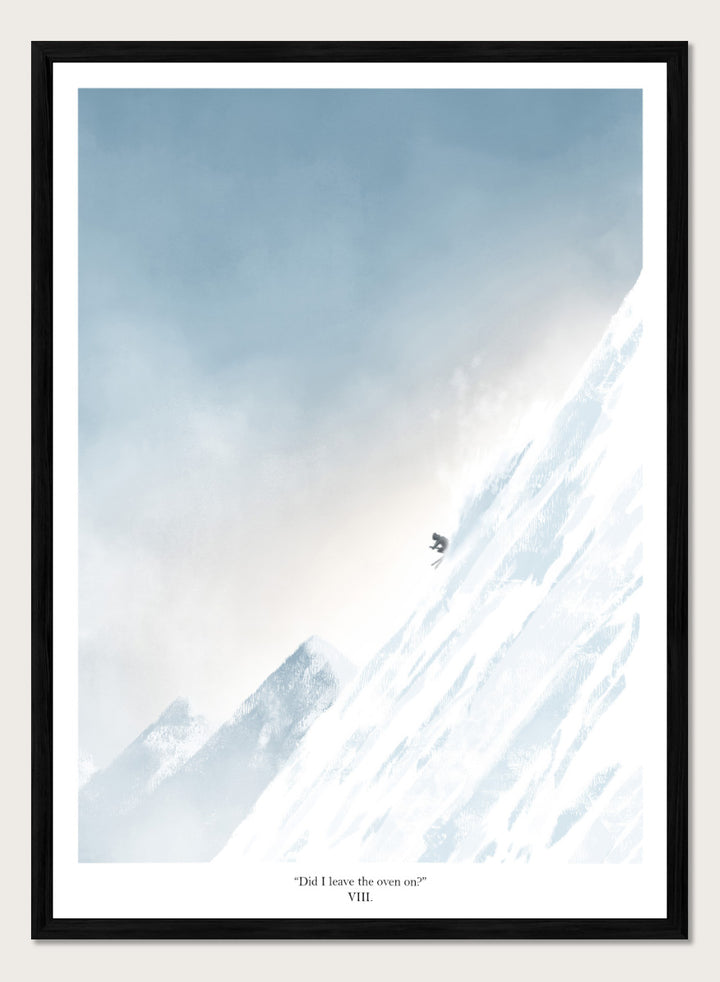 A framed art print featuring a minimalist illustration of a skier on a snowy mountain slope under a pale blue sky, with the text &