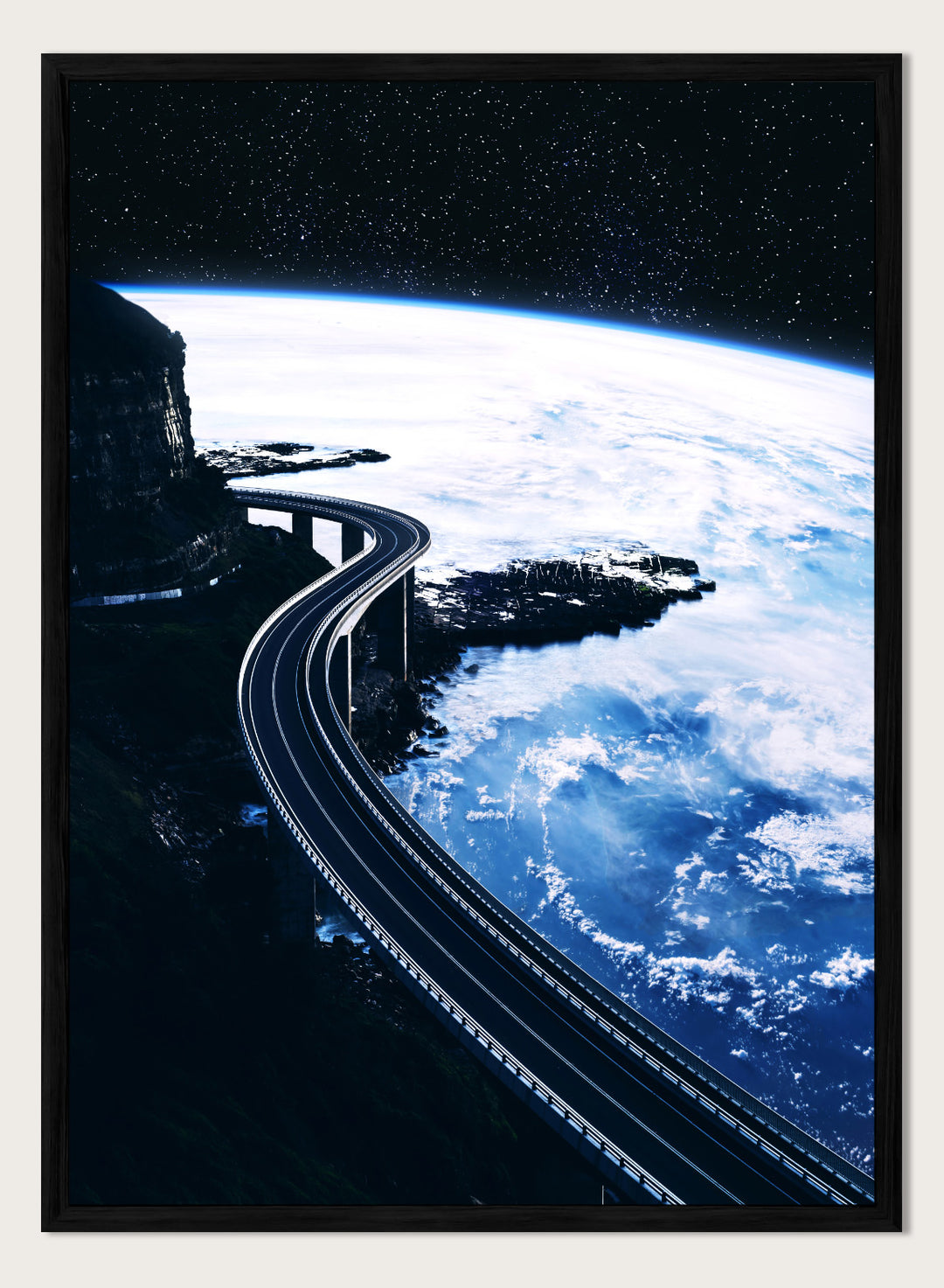 Artistic depiction of a road curving around the Earth with a starry night sky. Road To Infinity by Taudalpoi surreal space highway art print with winding road above Earth and starry sky, retro cosmic collage poster wall art.