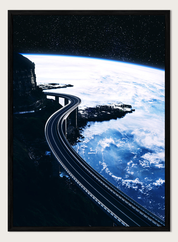 Artistic depiction of a road curving around the Earth with a starry night sky. Road To Infinity by Taudalpoi surreal space highway art print with winding road above Earth and starry sky, retro cosmic collage poster wall art.