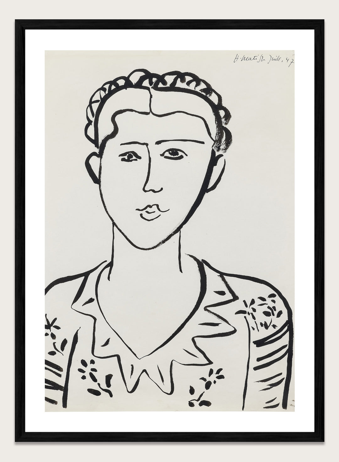 Black line drawing of a woman's portrait on a white background. Portrait de femme by Henri Matisse is a minimalist portrait art print featuring expressive black linework, modern French design, and iconic mid century style.