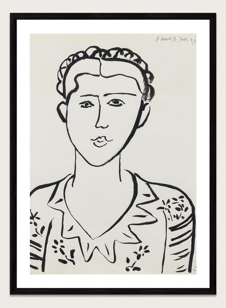 Black line drawing of a woman's portrait on a white background. Portrait de femme by Henri Matisse is a minimalist portrait art print featuring expressive black linework, modern French design, and iconic mid century style.