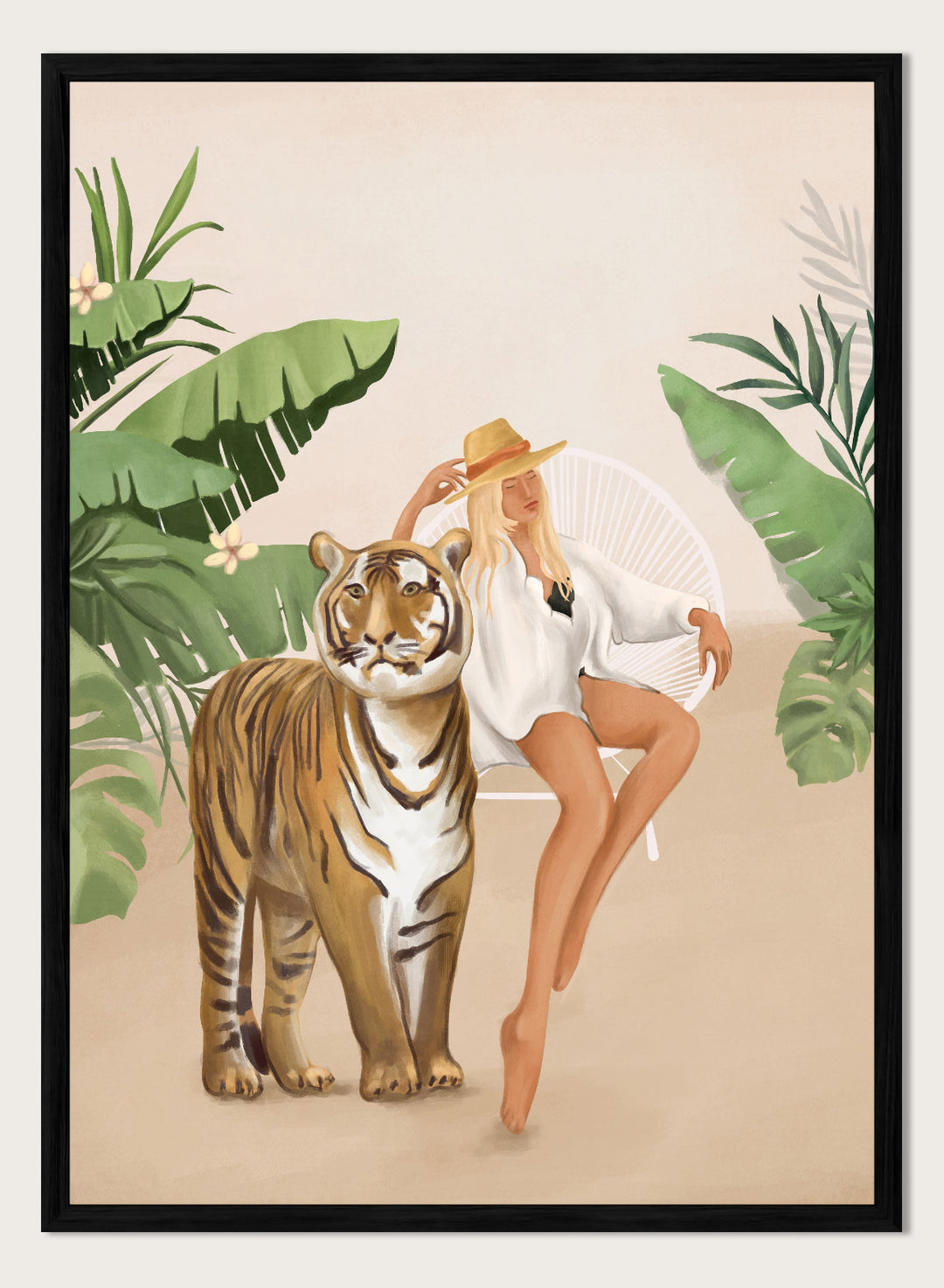 Illustration of a woman sitting next to a tiger with tropical plants in the background. Tropical Tiger Woman by Flow Line is a tropical art print featuring a woman, tiger, and lush greenery, perfect for boho, maximalist, and modern interiors.