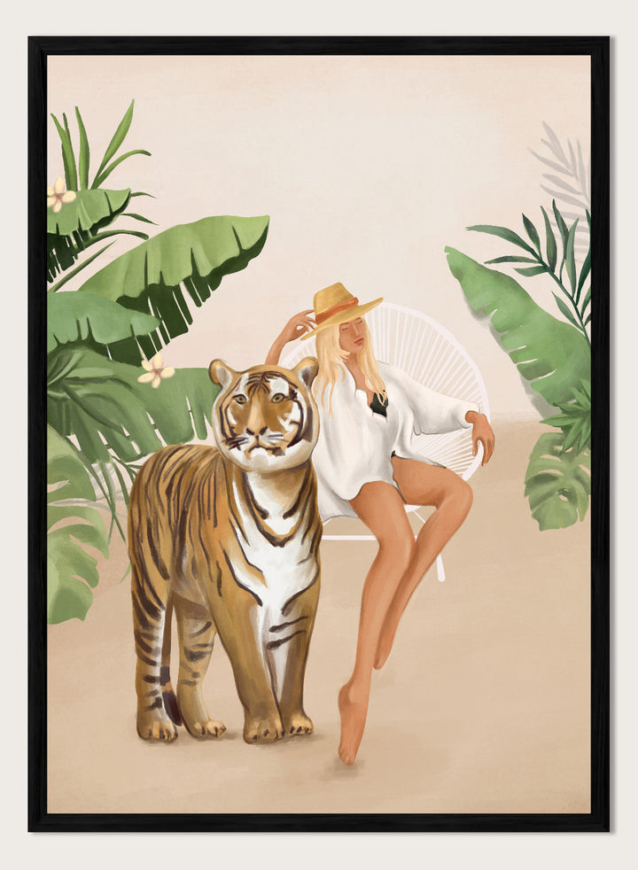 Illustration of a woman sitting next to a tiger with tropical plants in the background. Tropical Tiger Woman by Flow Line is a tropical art print featuring a woman, tiger, and lush greenery, perfect for boho, maximalist, and modern interiors.