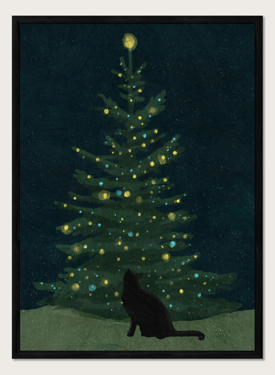 Shop Christmas Wishes by Katie O’Shea, a charming black cat Christmas wall art print poster featuring a glowing tree, festive lights, and deep green tones.