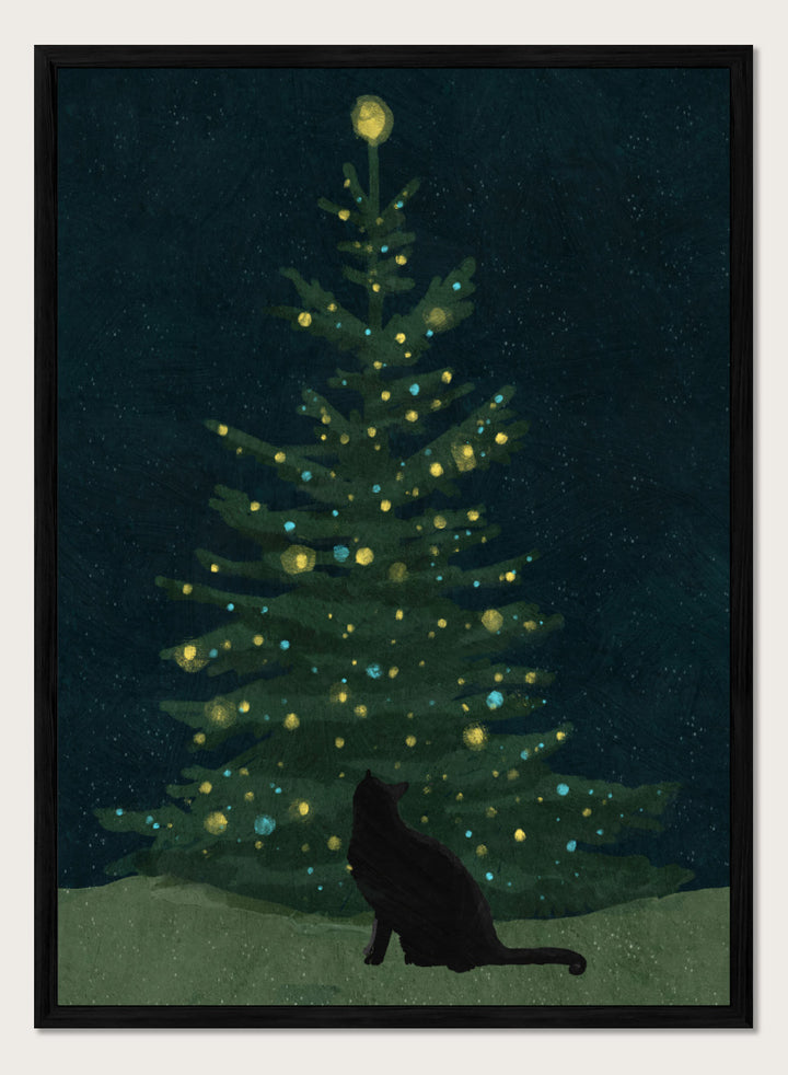 Shop Christmas Wishes by Katie O’Shea, a charming black cat Christmas wall art print poster featuring a glowing tree, festive lights, and deep green tones.