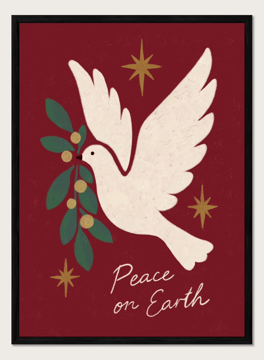 Shop Peace On Earth Dove by Katarzyna Gąsiorowska, a Christmas wall art print poster featuring a white peace dove, olive branch, stars, and festive holiday message.