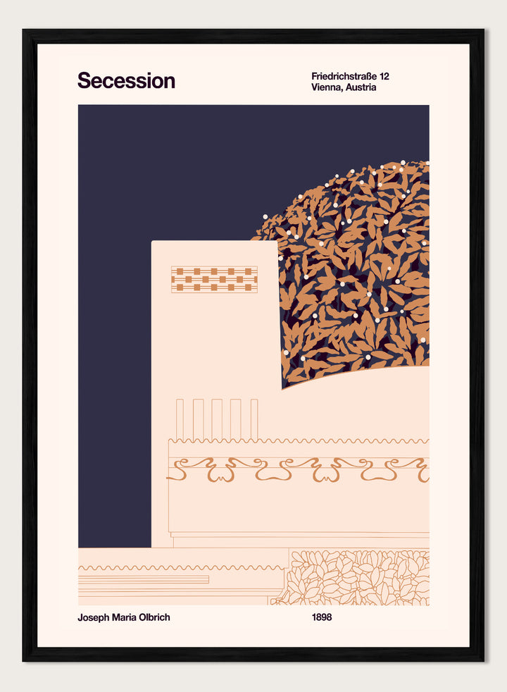 Poster design with geometric patterns and text on a dark blue and beige background. Vienna Secession Building by Florent Bodart is a modern architectural art print inspired by Vienna Secession design, a minimalist wall poster with geometric detail and warm tones.