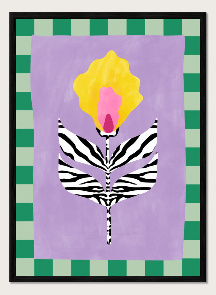 Shop Modern Zebra Flower by Elena Ristova, a colorful floral wall art print poster featuring zebra-striped leaves, a yellow-pink bloom, lavender, and green checks.