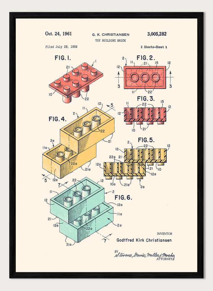 Toy building brick patent illustration with labeled figures on a white background. Historic Building Brick Patent by Florent Bodart is a vintage patent art print featuring toy brick diagrams, a technical drawing wall poster with retro industrial style.