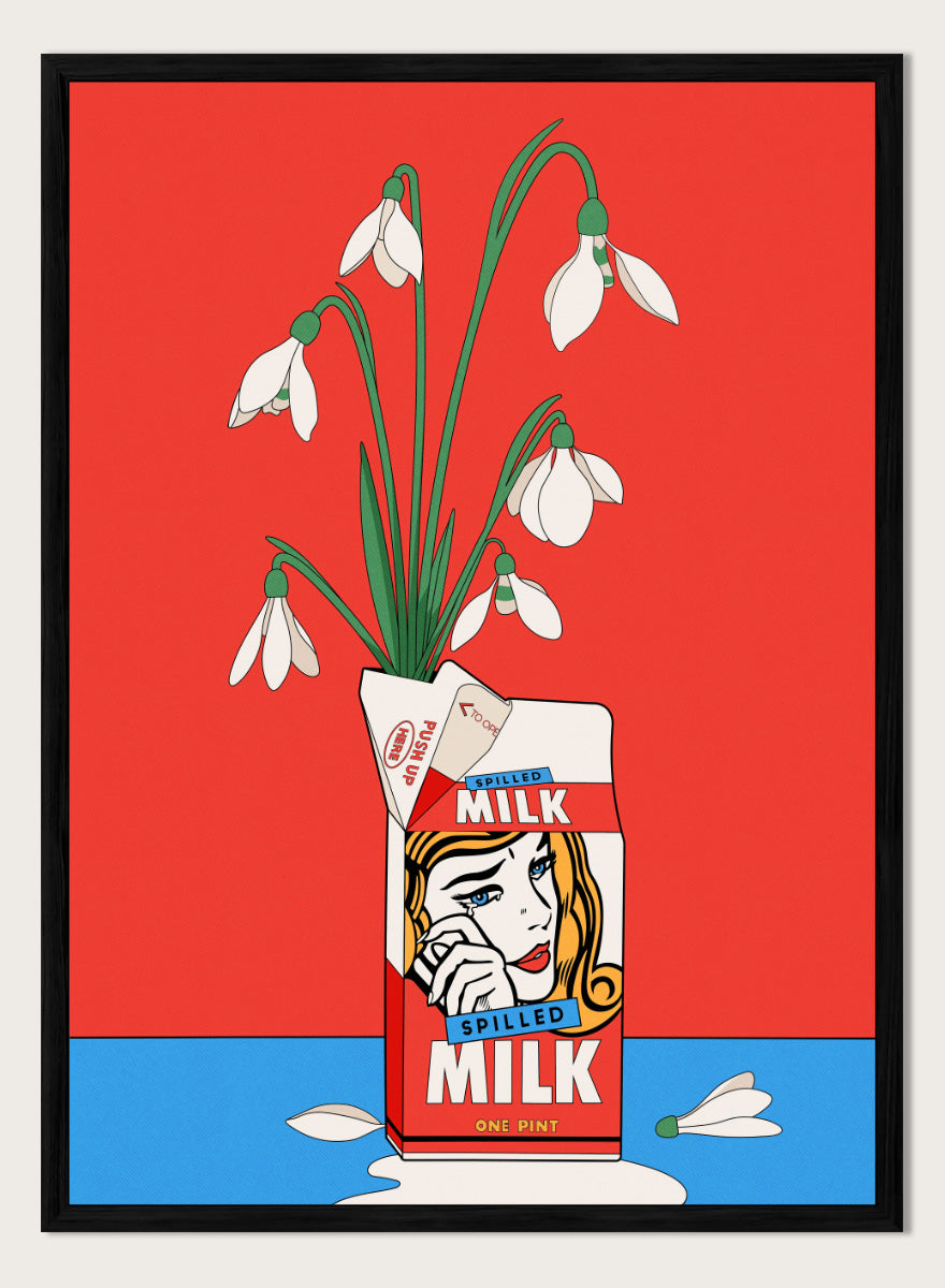 A stylized pop-art illustration of a milk carton with a woman&