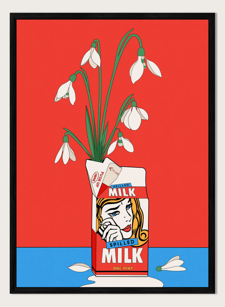 A stylized pop-art illustration of a milk carton with a woman&