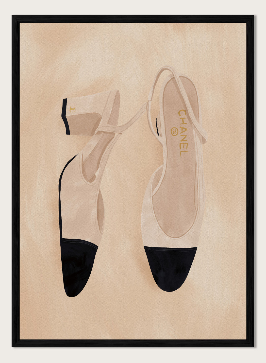 A pair of slingback flats with a beige and black color-blocked design, displayed on a textured beige background with a black border. Chic Cap-Toe Heels by Lisa Solomoniuk premium framed fine art print featuring cream slingback heels with black cap toes on a soft beige background.