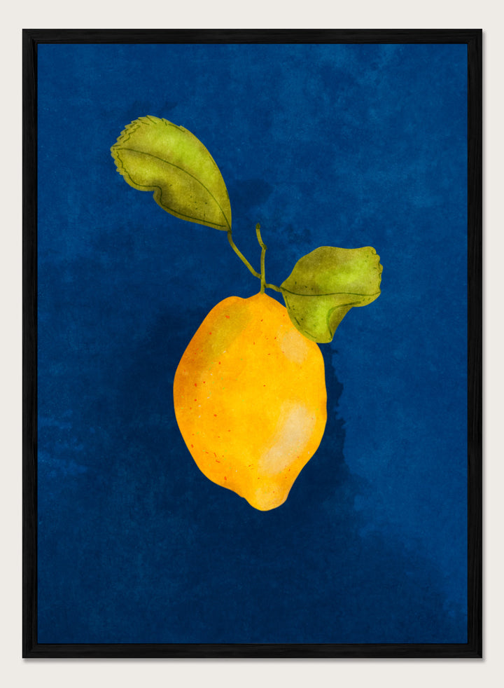 Just a Little Lemon by Raissa Oltmanns is a modern lemon art print featuring a bold yellow citrus still life on deep blue wall poster design.