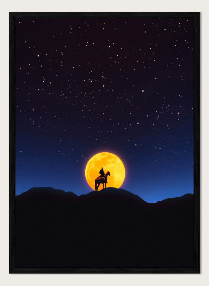 Silhouette of a person on horseback under a large orange moon and starry night sky. The Rider and the Moon by Taudalpoi cowboy moon art print with horse silhouette, starry sky and glowing full moon retro cosmic poster wall art.