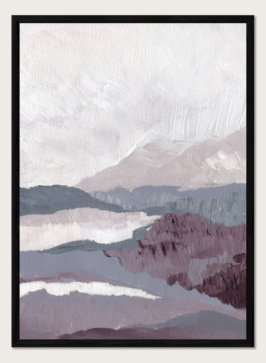 Shop Muted Mountain Layers by Nikita Jariwala, an abstract mountain landscape wall art print poster featuring layered peaks, misty scenery, and soft purple tones.