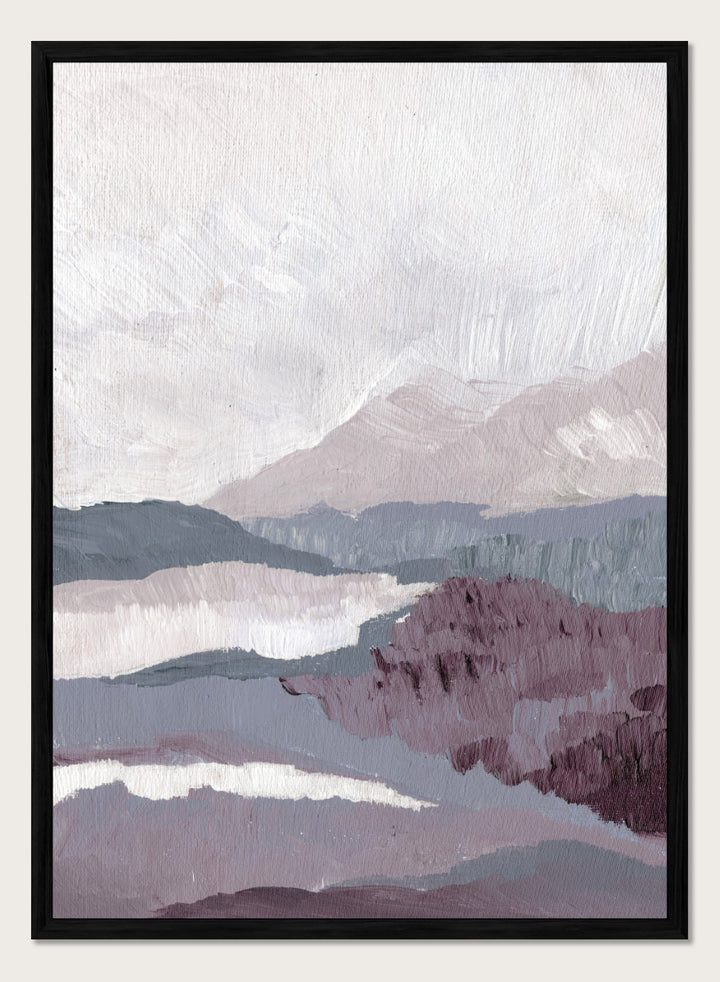 Shop Muted Mountain Layers by Nikita Jariwala, an abstract mountain landscape wall art print poster featuring layered peaks, misty scenery, and soft purple tones.