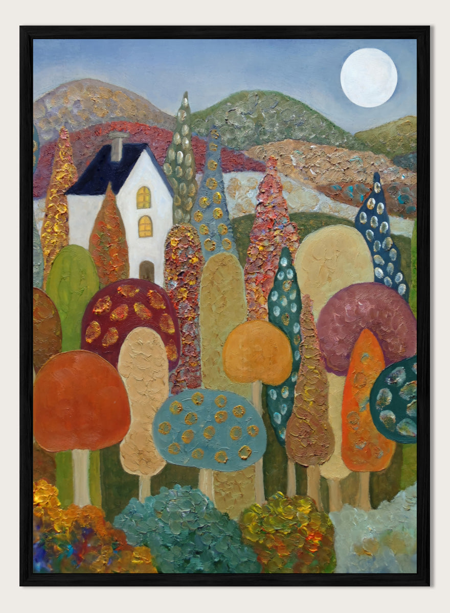 A colorful, textured folk-art style landscape painting featuring stylized mushrooms, a white house, rolling hills, and a full moon. Shop Whimsical Moonlit Landscape by Angeles M. Pomata, a colorful autumn landscape art print featuring a white house, full moon, rolling hills, and stylized trees.