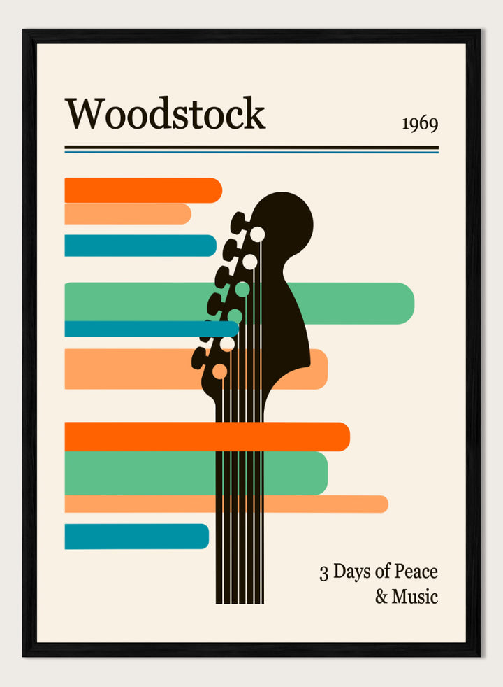 A graphic poster-style design for Woodstock 1969, featuring a black guitar headstock silhouette layered over horizontal orange, teal, and blue bars on a warm cream background. The text reads &