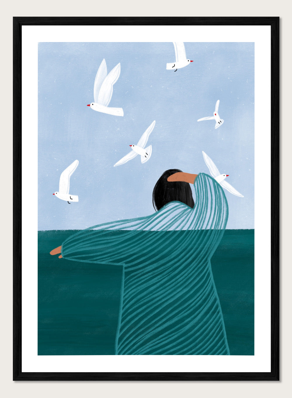 Seaside Serenity by Bea Müller is an officially licensed art print featuring a calm seaside figure and flying birds. Available as fine art print or framed with real wood frames.