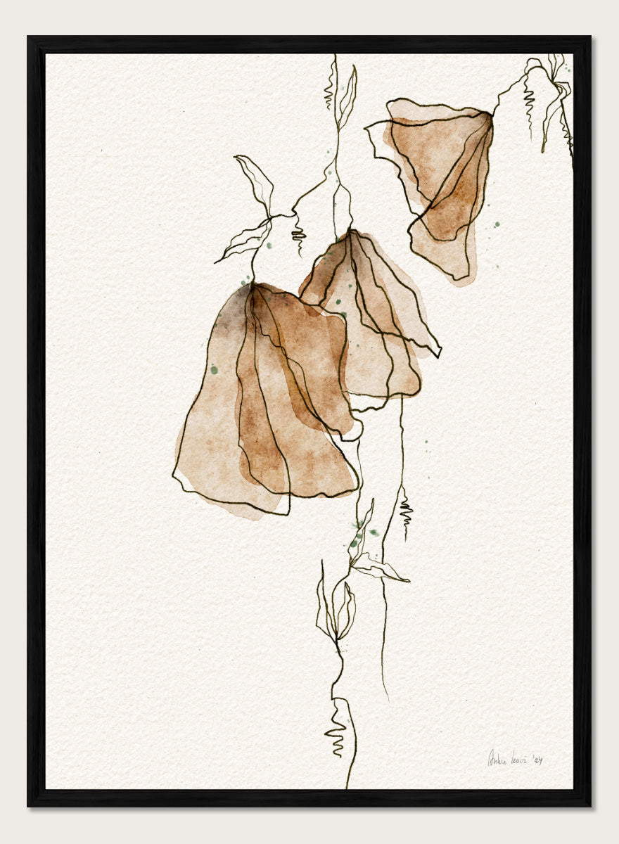 Shop Soft Watercolor Blooms by Ankie Kooi, an abstract floral wall art print poster with watercolor flowers, botanical line art, brown, cream, and green.