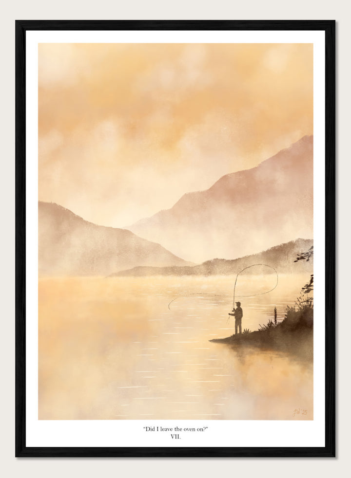 A framed art print featuring a serene landscape painting of a fisherman casting a line on a misty lake with mountains in the background, rendered in warm golden and beige tones. Shop Misty Lake Fisherman by Jake Waldron, a minimalist fishing wall art print featuring a lone angler, mountain lake, golden mist, and outdoor adventure.