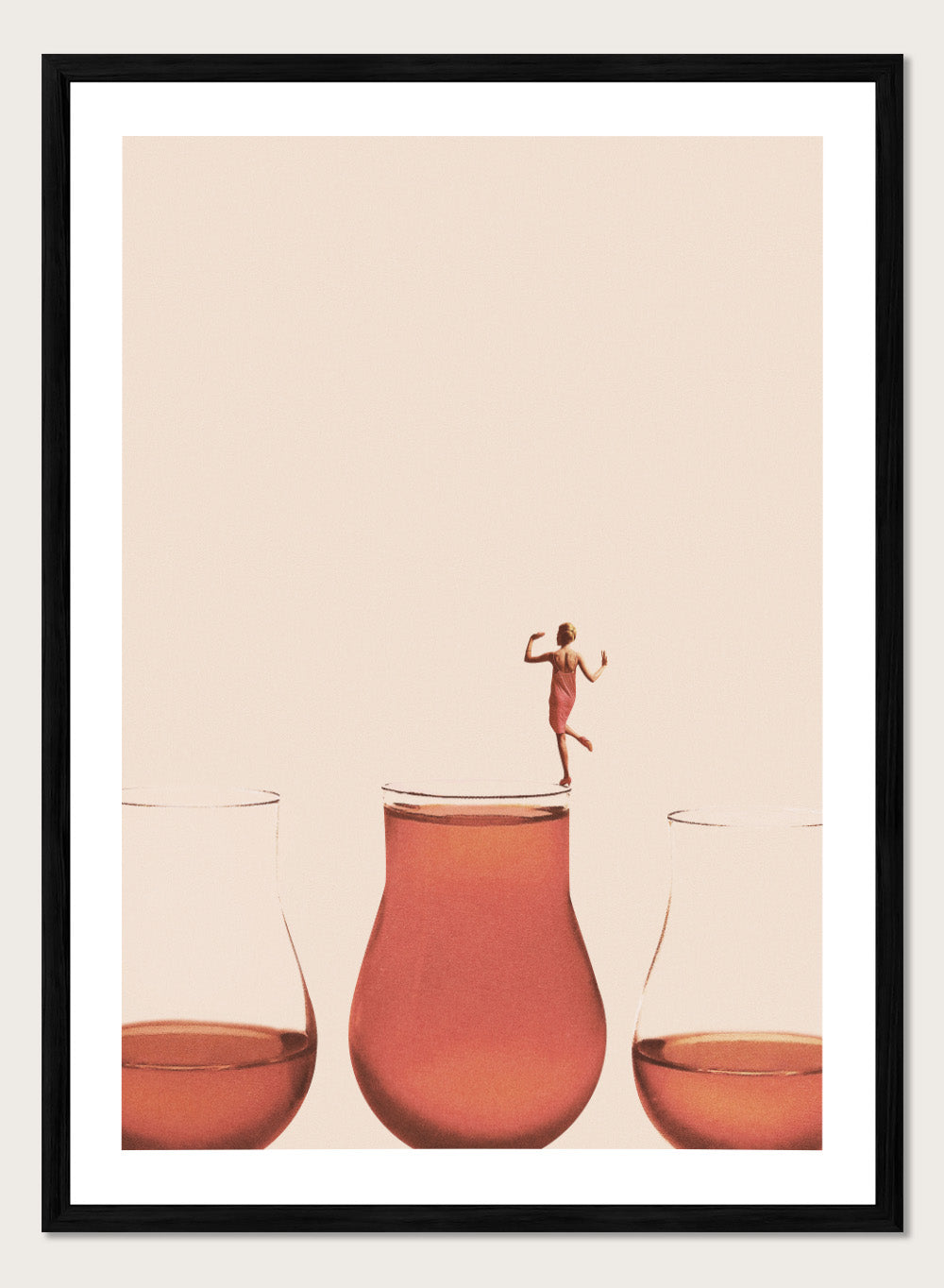 I Prefer the Full One by Maarten Léon collage art print featuring a woman standing on a full glass. Premium fine art print with real wood framing.