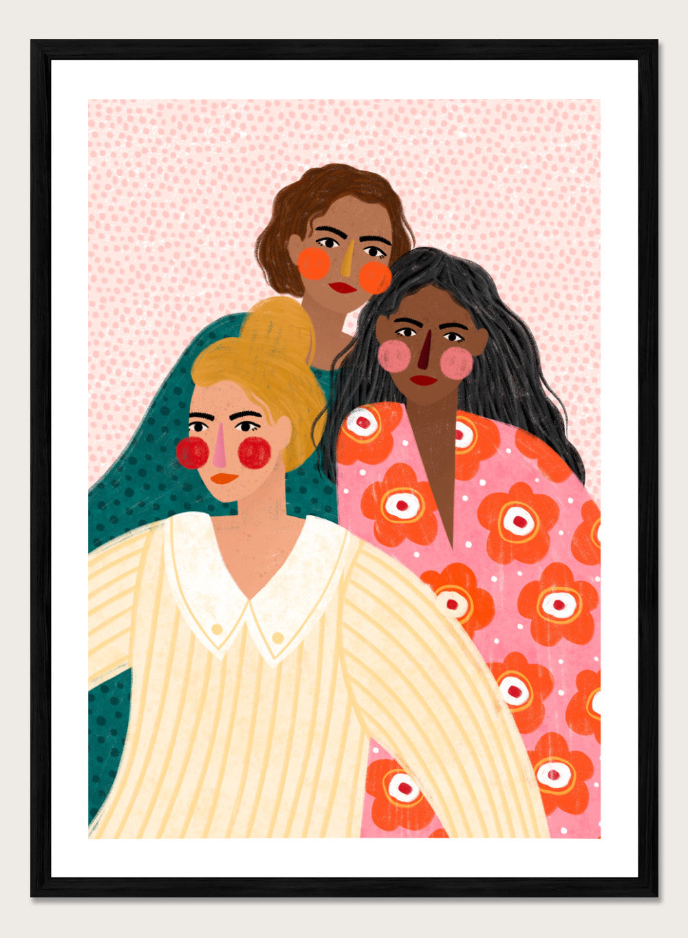 Illustration of three women with colorful clothing and patterns on a pink background. Girl Friends by Bea Müller is an officially licensed art print featuring three women illustrated in her signature bold colors and modern expressive style.